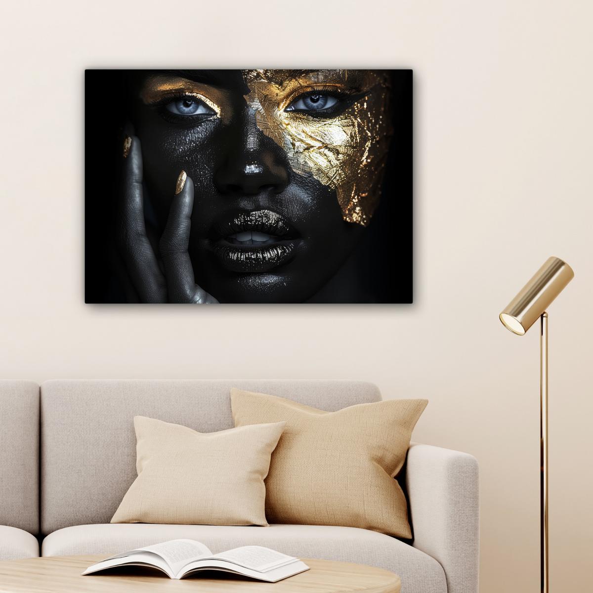 LEINWANDBILD Frau - Gold - Porträt - Schwarz-Weiß - Luxus Wandbilder 80x60 cm - Hellblau, Textil (80/60cm) - MuchoWow
