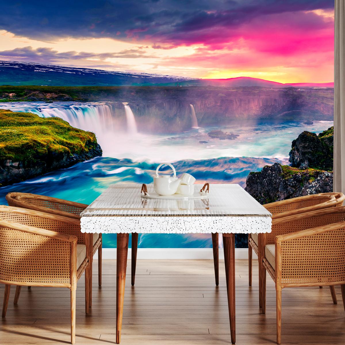 FOTOTAPETE für Esszimmer Godafoss Wasserfall Sonnenuntergang Natur 300x210 - Multicolor, Papier (300/210cm) - Muralo