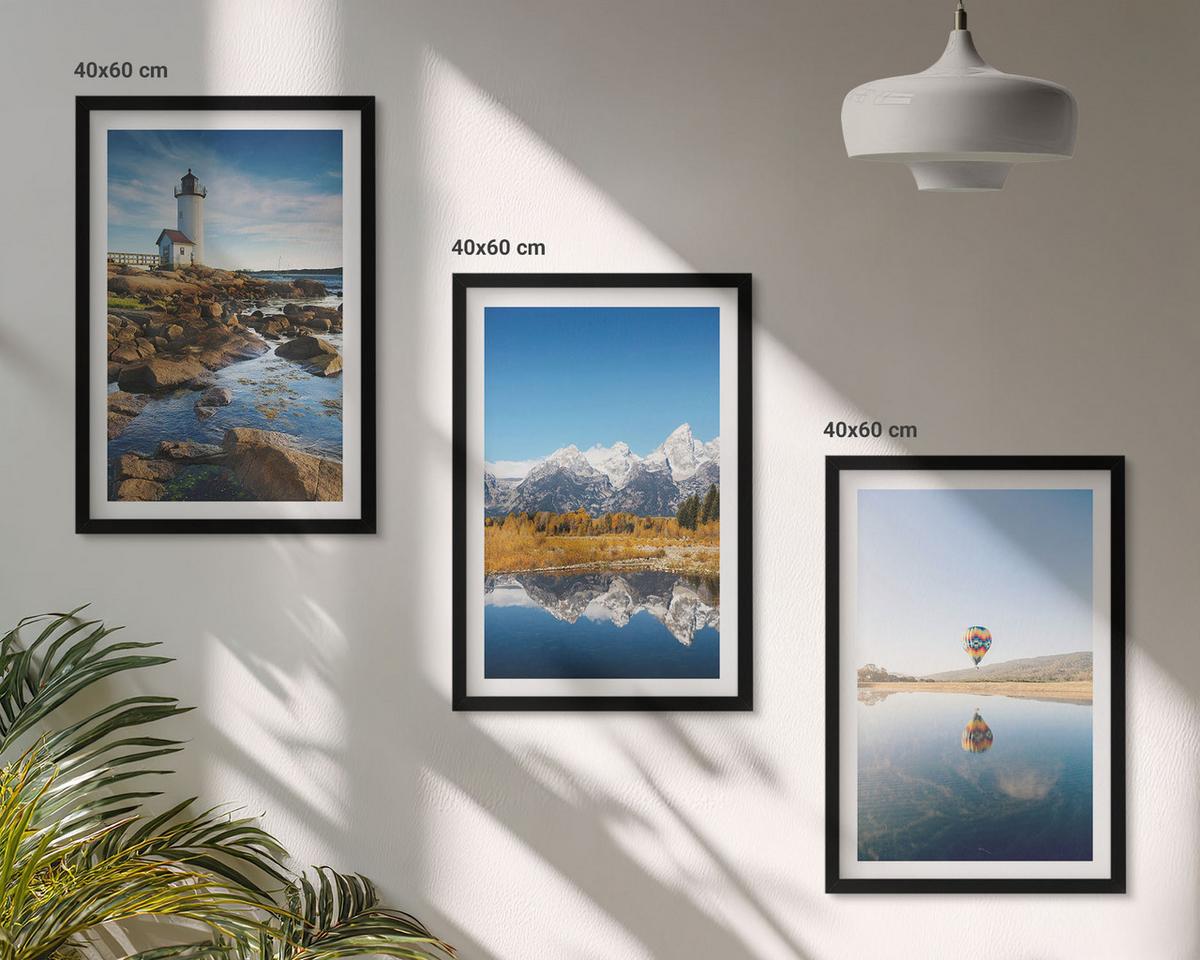 BILDER SET 3er Set - 40x60 cm Schwarzer Rahmen - Naturansichten, Leuchtturm, Berge, Ballonfahrt - Schwarz, Kunststoff (40/60cm) - TULUP