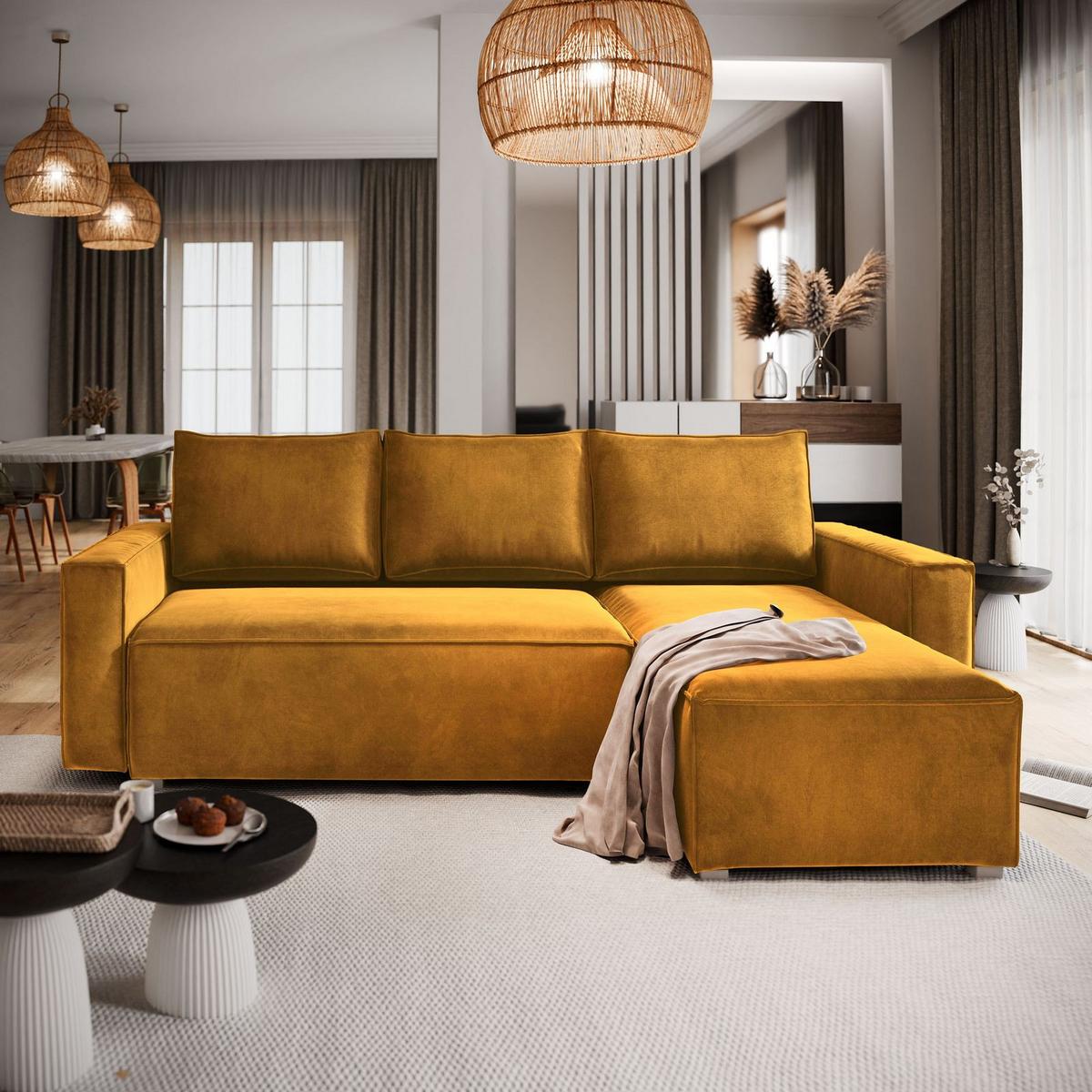 ECKSOFA SILES Gelb Velours-Stoff mit Schlaffunktion - Gelb/Grau, Holz/Kunststoff (230/140cm) - MASSENO