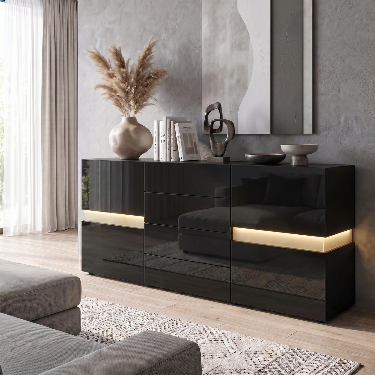 SIDEBOARD Flow Schwarz - Schwarz Hochglanz, Holzwerkstoff (177/75/39cm) - Vladon