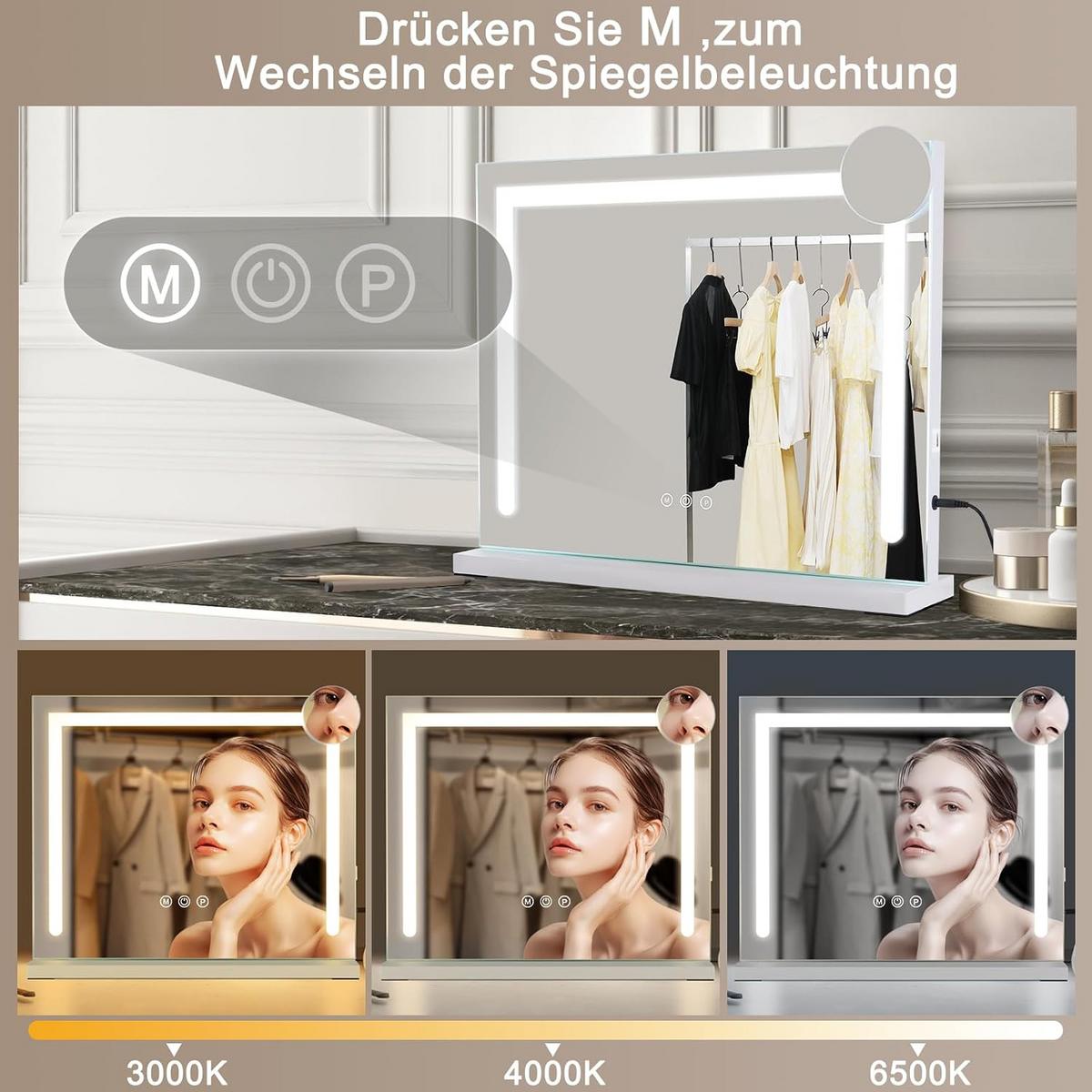 SCHMINKSPIEGEL Wyndeth 80/12/60 cm - Weiß, Glas/Metall (12/60/80cm) - ZMH