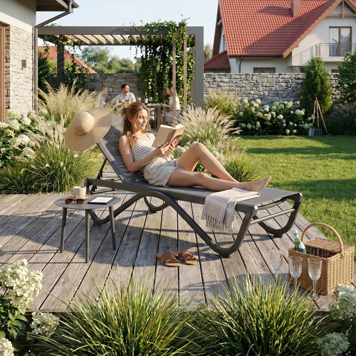 SOMNENLIEGE Marina, 5-stufige Verstellung der Rückenlehne, mit Tisch, Metallrahmen, Grau - Grau, Metall (58/33/133cm) - Beautysofa