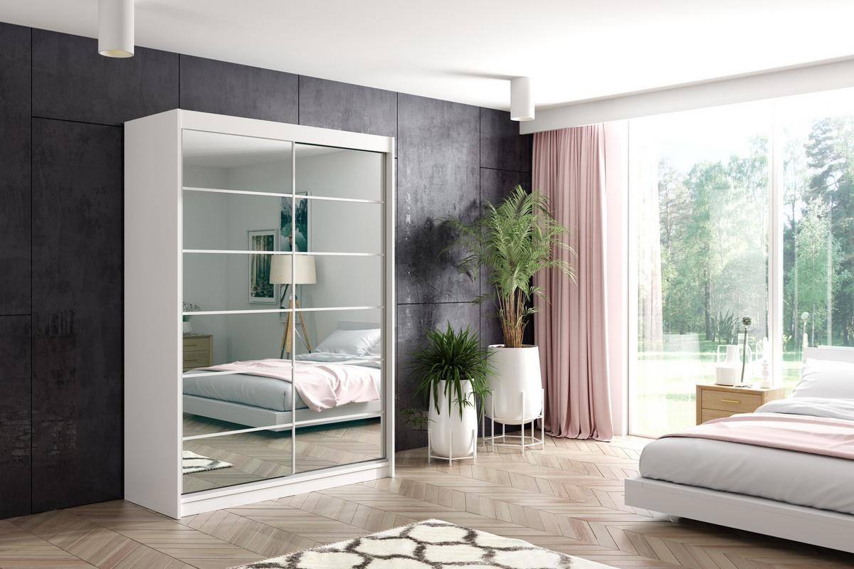 KLEIDERSCHRANK mit Spiegel-Schiebetüren und Aluminium-Leisten - FLORA - 150 cm Weiß - Weiß, Holzwerkstoff (150/216/61cm) - ALTDECOR