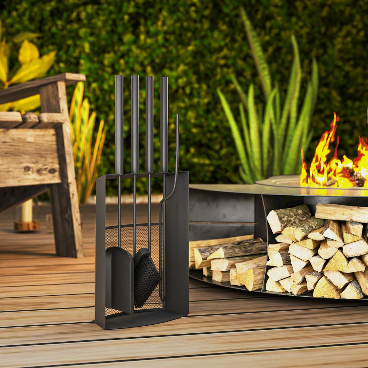 KAMINBESTECK Set 5teilig Kaminzubehör mit Besen, Schaufel, Schürhaken Zange - Schwarz, Metall (13/59.5/28cm) - Outsunny