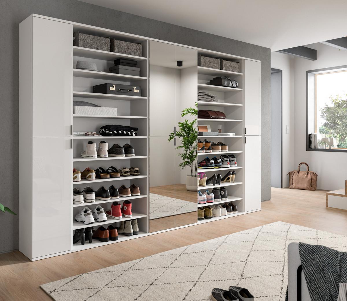 GARDEROBENSCHRANK mit Spiegltüren, weiß Hochglanz 281 cm, Schuhschrank XXL - Chromfarben/Weiß Hochglanz, Glas/Holzwerkstoff (281/193/34cm) - Inn.Furn