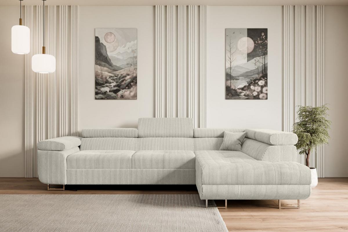 ECKSOFA mit Schlaffunktion und Bettkasten GUSA-L 272x202x107 cm Creme Cord - Silberfarben/Hellgrau, Holzwerkstoff/Textil (272/202cm) - ALTDECOR