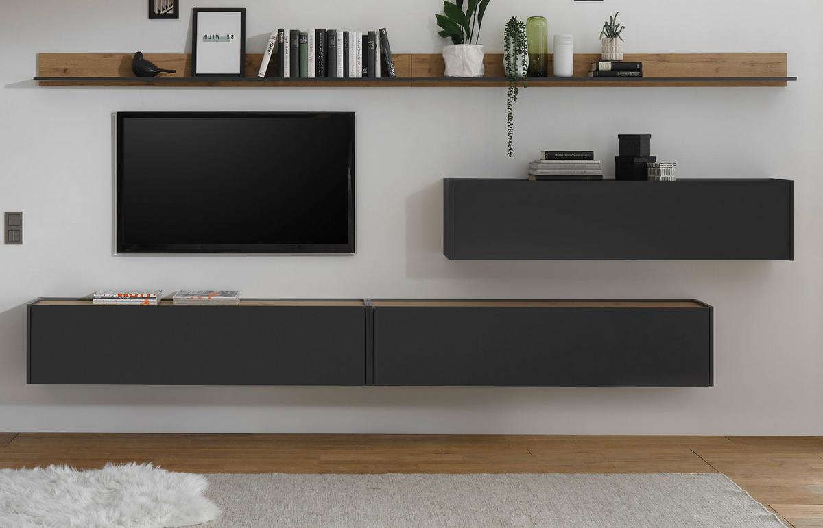 WOHNWAND 5-teilig grau matt, Eiche Wotan 340 cm, Schrankwand hängend - Eiche Wotan/Grau, Holz/Holzwerkstoff (340/180/30cm) - Furn.Design