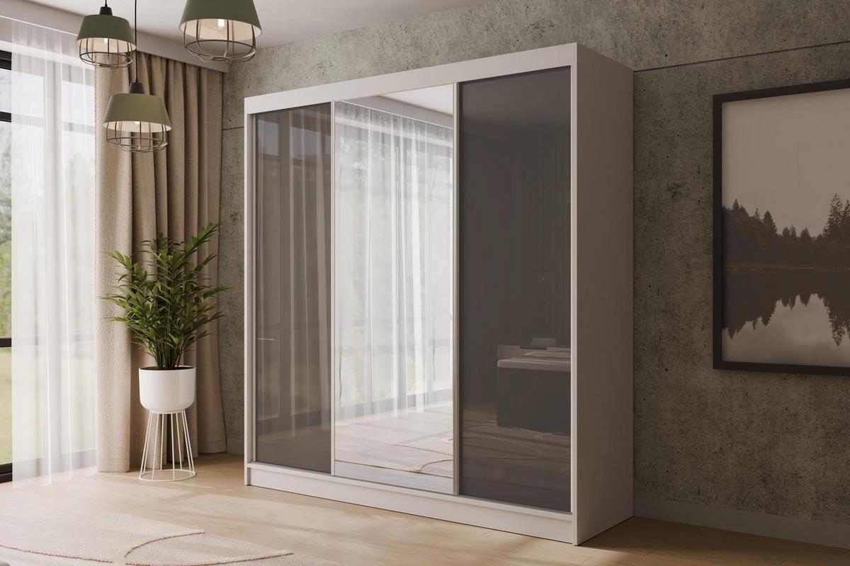 KLEIDERSCHRANK mit Spiegel V2-VITA 215x200 cm - Weiß|Grau - Weiß/Grau, Holzwerkstoff (200/215/61cm) - ALTDECOR
