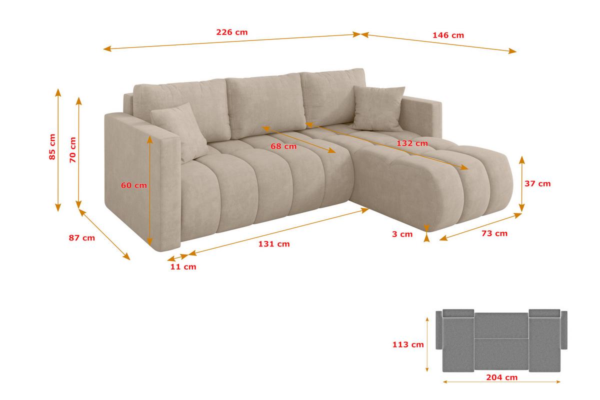 ECKSOFA mit Schlaffunktion Ottomane Rechts GARD-L 226x146x85 Beige Velours - Schwarz/Sahara, Holzwerkstoff/Kunststoff (226/146cm) - ALTDECOR