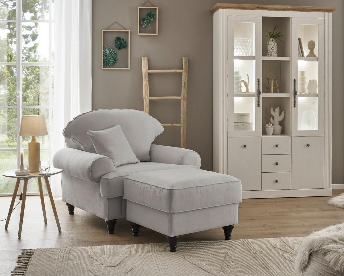 SESSEL-SET hellgrau Landhaus, Loungesessel inklusive Hocker - Hellgrau/Braun, Holz/Textil (175/95/110cm) - Furn.Design