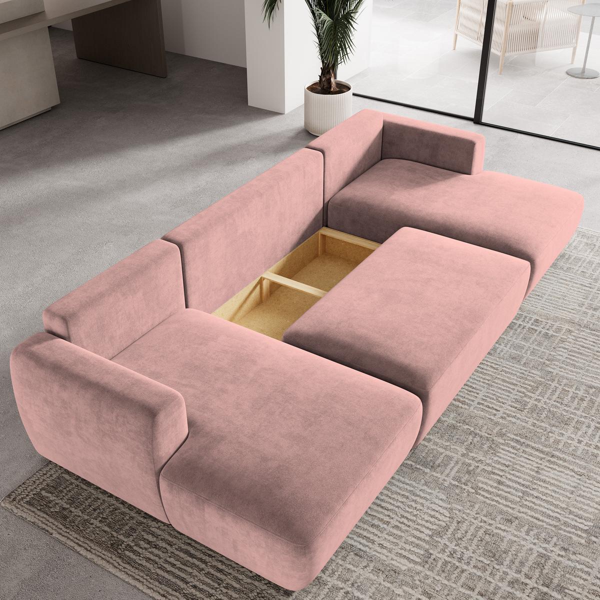 WOHNLANDSCHAFT SENTUM K Rosa Plüsch-Stoff mit Schlaffunktion - Schwarz/Rosa, Holz/Kunststoff (330/90/148cm) - MASSENO