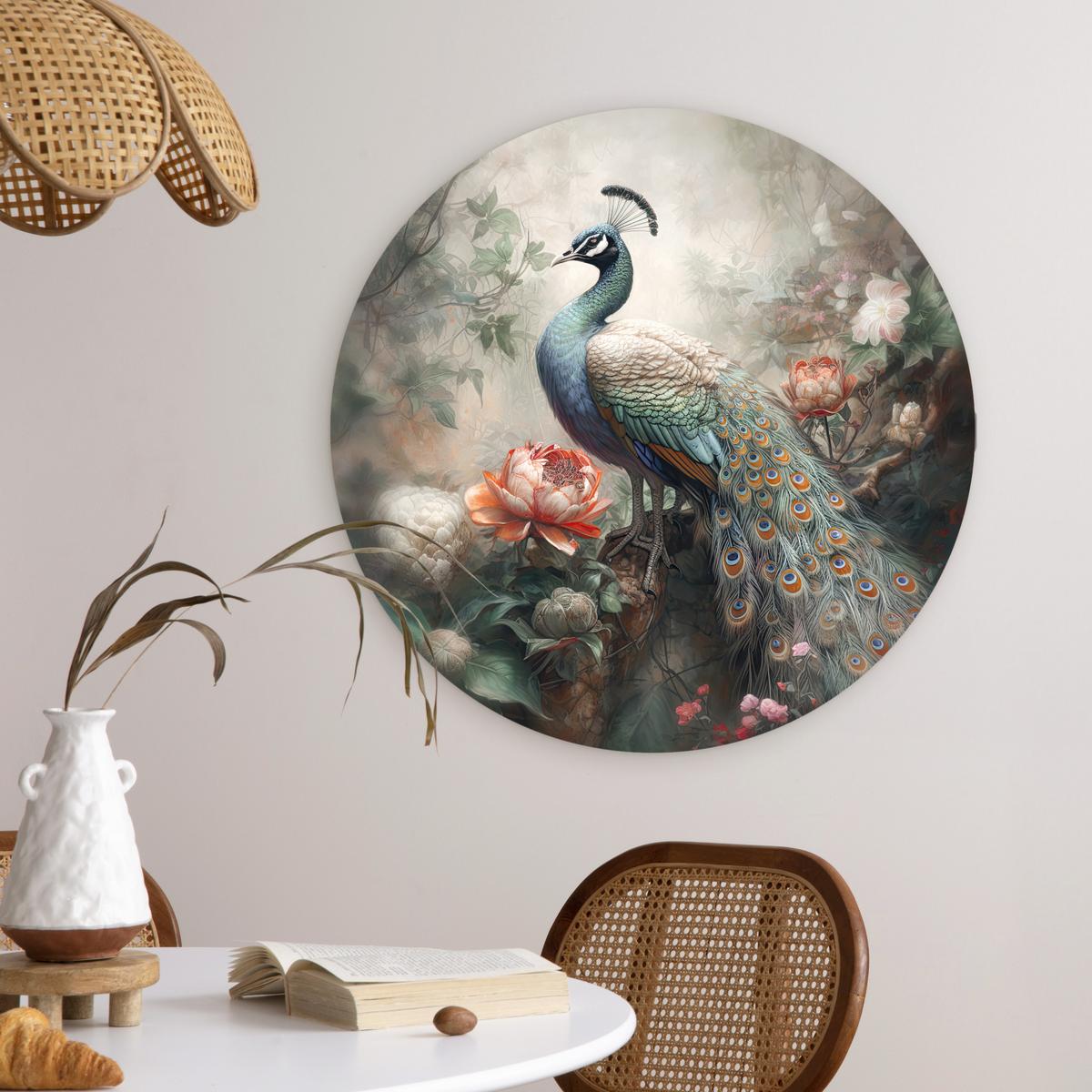 WANDBILD Pfau - Pfauenfedern - Vogel - Dschungel - Blumen Wanddeko Schlafzimmer 60x60 cm - Smaragdgrün, Kunststoff (60/60cm) - MuchoWow