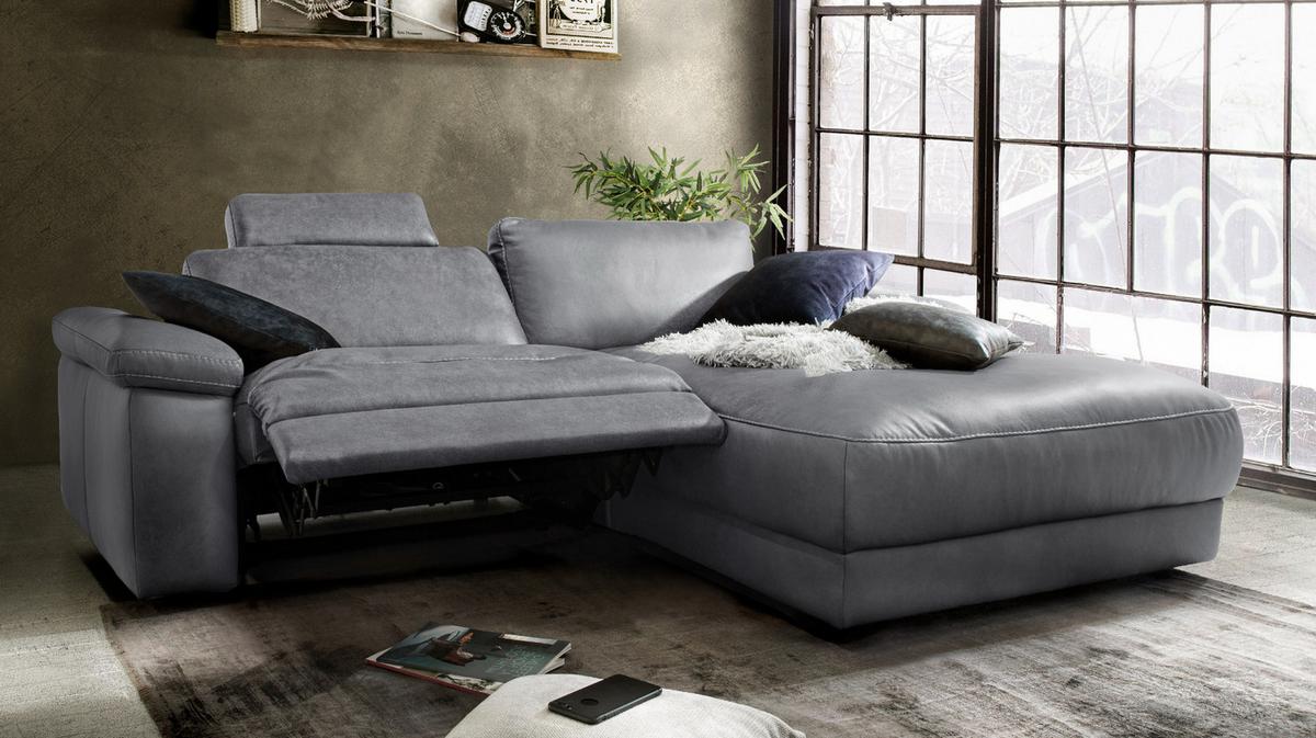 ECKSOFA MOTORISCHER RELAXFUNKTION LOLA Grau Leder Relaxfunktion - Schwarz/Grau, Leder (233/178cm) - KAWOLA