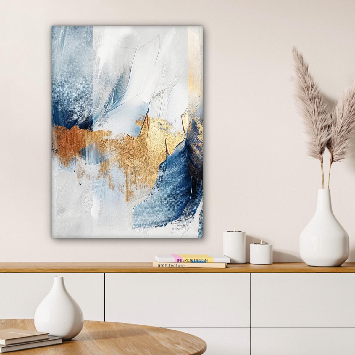 LEINWANDBILD Gold - Blau - Aquarell - Kunst - Modern Wandbild Wohnzimmer 60x80 cm - Hellblau, Textil (60/80cm) - MuchoWow