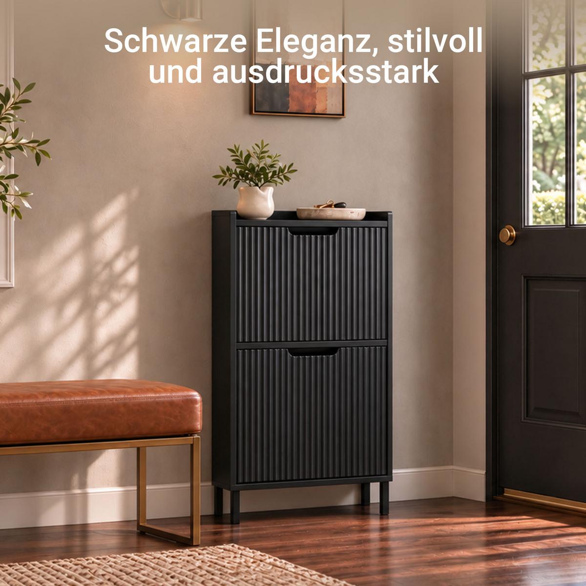 SCHUHSCHRANK schwarz, 4-6 Paar, 2 Klappen mit schrägen Einlegeböden, 90 cm hoch, nur 19 cm tief, Plissee-Front, für schmale Flure - Schwarz, Holzwerkstoff/Metall (50/90/19cm) - SoBuy