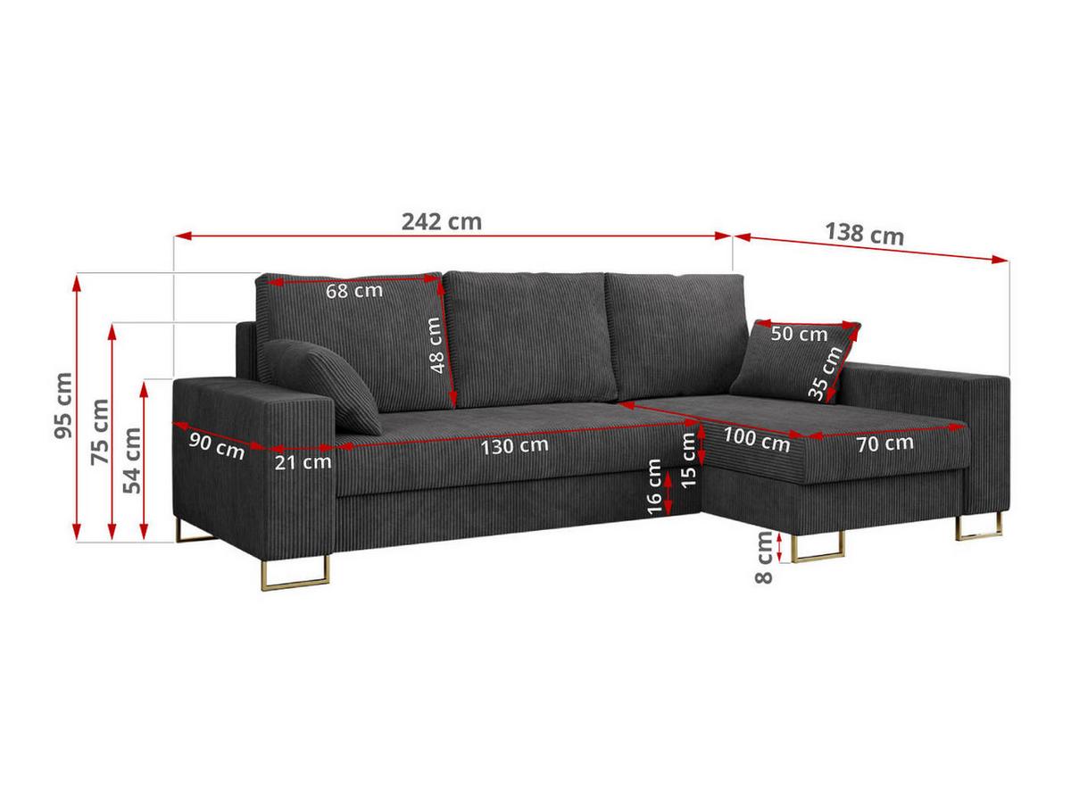 ECKSOFA Dorian Cord Dunkelgrau - Dunkelgrau/Goldfarben, Textil/Metall (242/138cm) - MKS