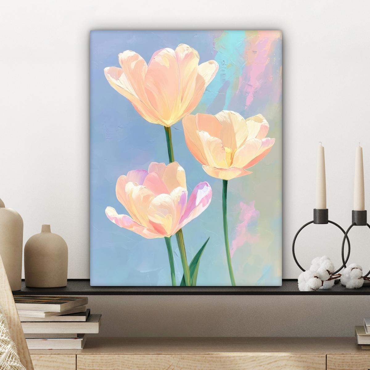 LEINWANDBILD Tulpen - Rosa Akzente - Blau Room Decor 30x40 cm - Pastellblau, Textil (30/40cm) - MuchoWow