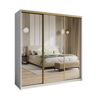 SCHWEBETÜRENSCHRANK RIEN 180/205/60 cm 3-türig mit Spiegel und Schubladen Weiß - Goldfarben/Weiß, Holzwerkstoff (180/205/60cm) - MASSENO