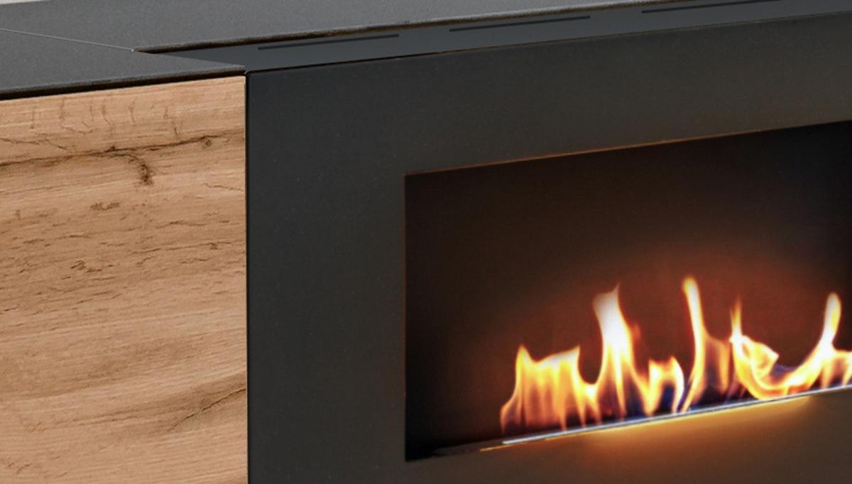 WOHNWAND Wotan Eiche, schwarz 330 cm, Schrankwand mit Kamin, inklusive LED - Eichefarben/Schwarz, Glas/Holz (330/197/45cm) - Inn.Furn