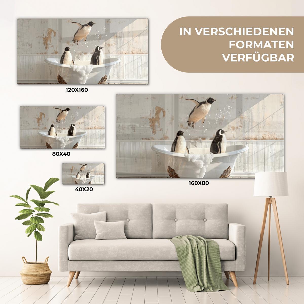 ACRYLGLASBILD Vintage - Pinguin - Badewanne - Schaumstoff 120x60 cm - Schwarz, Glas (120/60cm) - MuchoWow