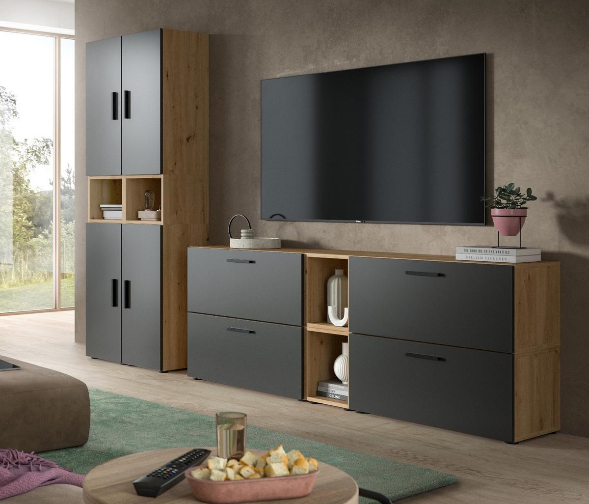 WOHNWAND grau, Eiche Artisan 256 x 178 cm, Schrankwand mit Soft-Close - Schwarz/Eiche Artisan, Holzwerkstoff/Kunststoff (256/151/34cm) - Inn.Furn