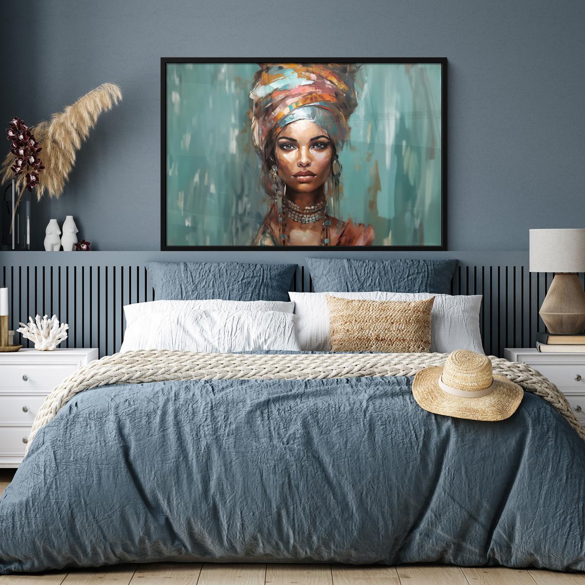 POSTER MIT RAHMENGERAHMTES BILD Frau - Kunst - Schmuck - Porträt 120x80 cm - Blaugrau, Papier (120/80cm) - MuchoWow