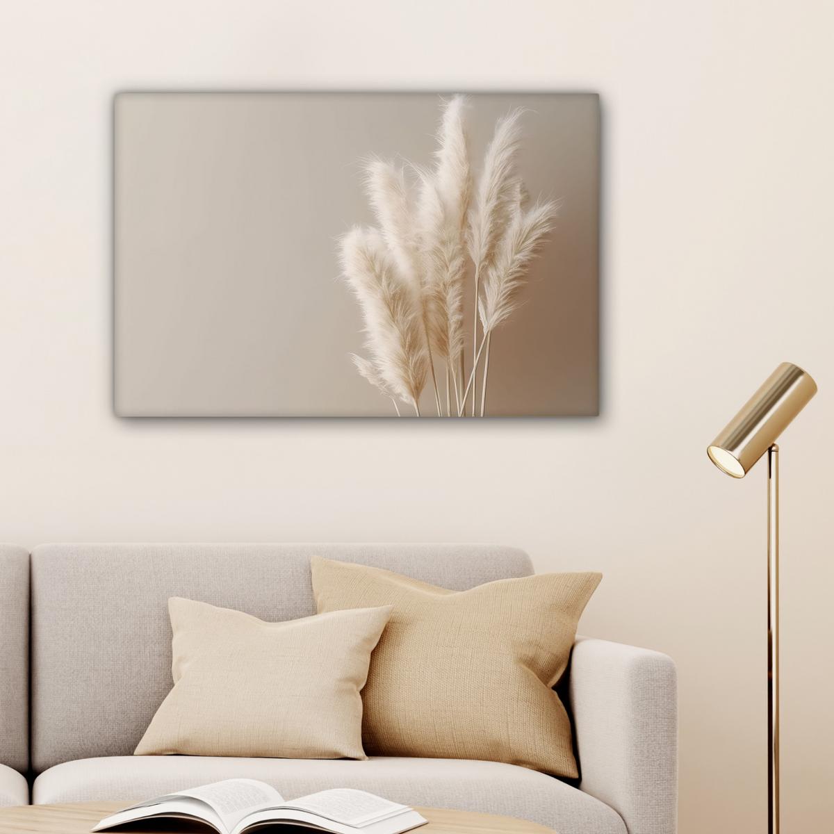 LEINWANDBILD Pampasgras - Federn - Pastell - Weiß Gemälde 60x40 cm - Naturfarben, Textil (60/40cm) - MuchoWow