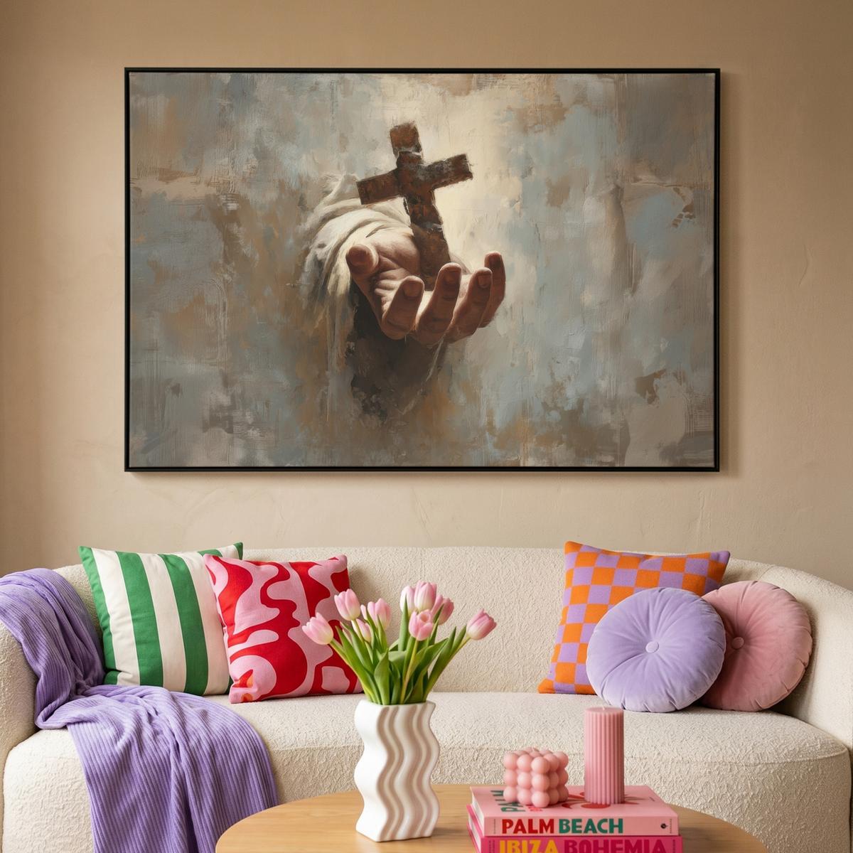 LEINWAND Bilder mit Rahmen - Abstrakt - Kreuz - Hand - Christentum - 150x100 - Hellbraun, Textil (150/100cm) - MuchoWow