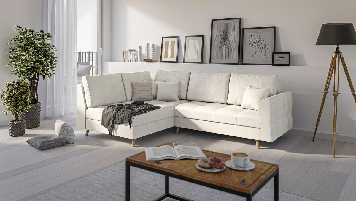 ECKSOFA MIT HOCKER Lorine Mikrofaser Ecru - Ecru/Hellbraun, Buchenholz/Textil (231/161cm) - S-Style Möbel