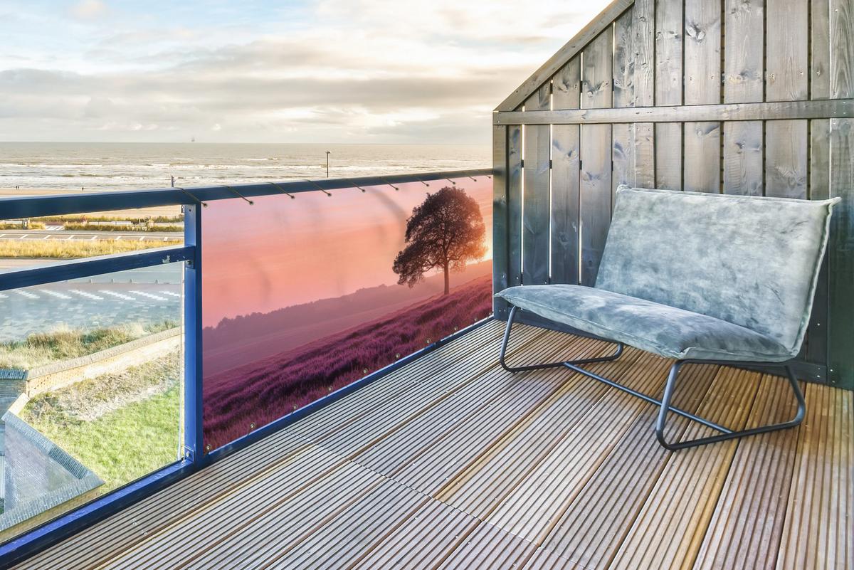 BALKON-SICHTSCHUTZ Baum - Heidekraut - Sonnenaufgang Balkon Deko 300x120 cm - Flieder, Kunststoff (300/120cm) - MuchoWow