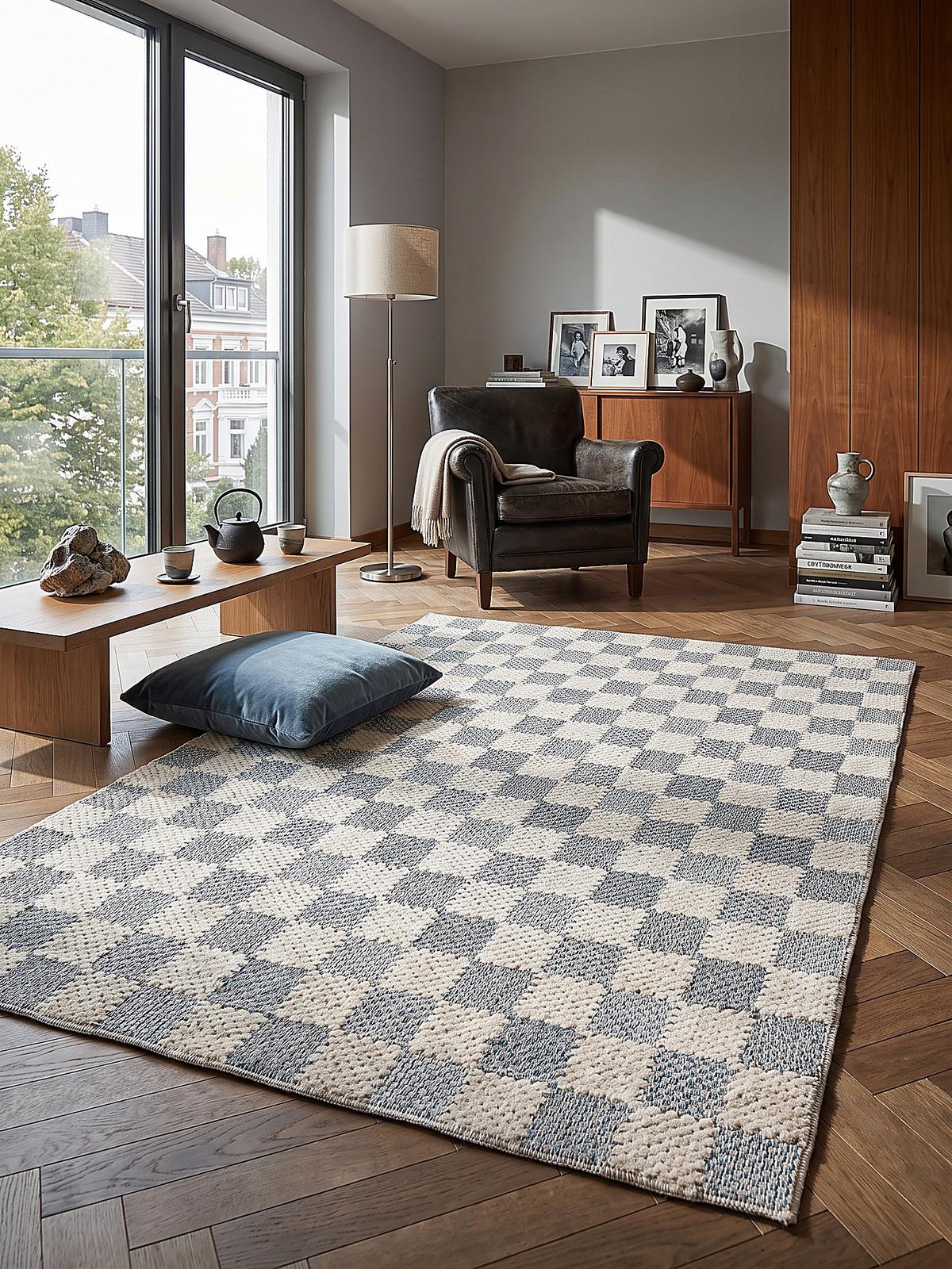 BAUMWOLLTEPPICH waschbar AFTON, Schachbrettmuster, Natur-Blau, 194 x 290 cm - Beige, Textil (194/290cm) - KADIMA DESIGN