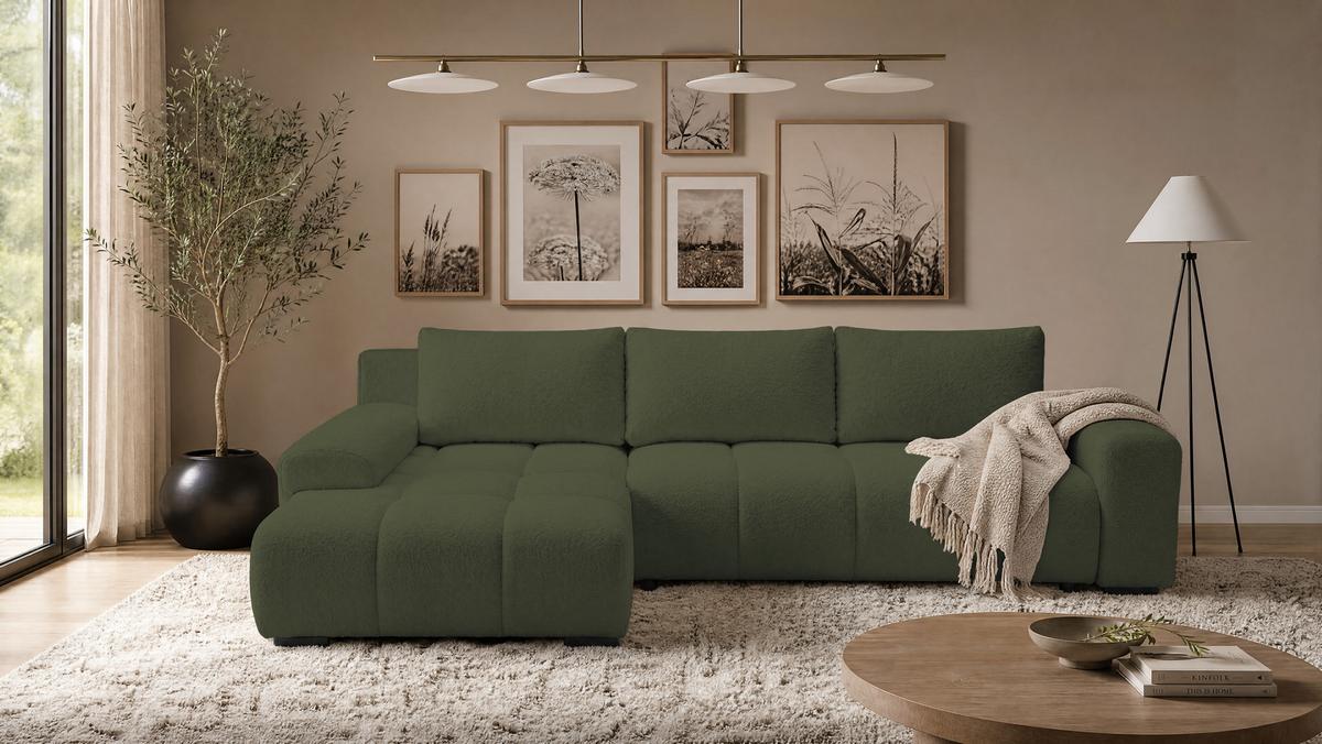 ECKSOFA Ovia mit Bettkasten und Schlaffunktion, Bouclé-Stoff in L-Form - Grün, Textil (270/185cm)