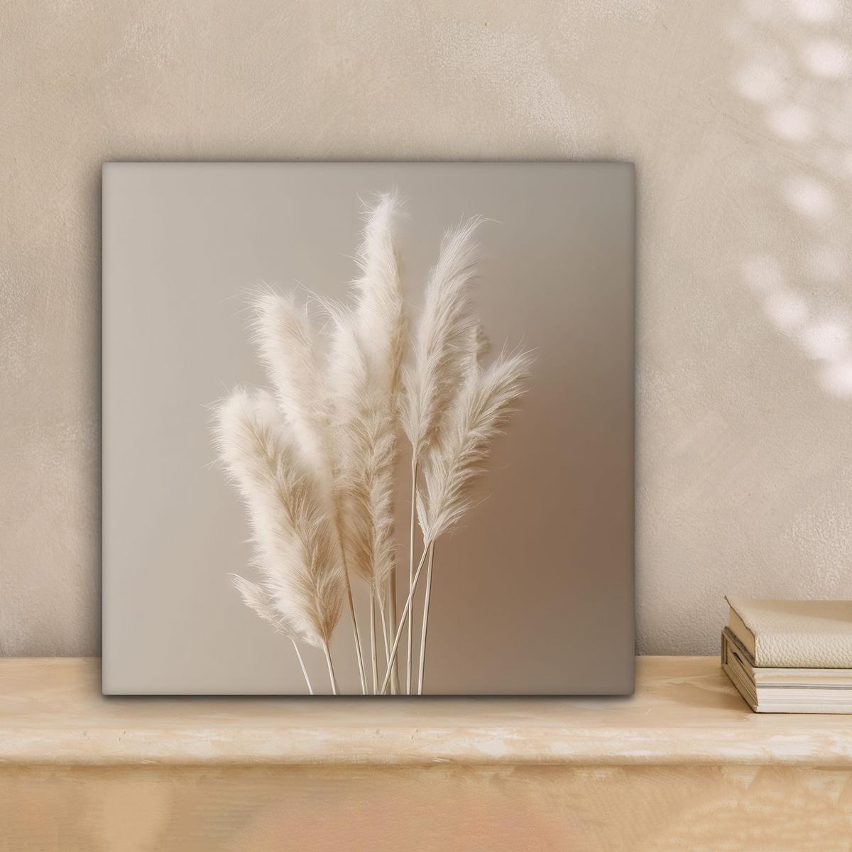 LEINWANDBILD Pampasgras - Federn - Pastell - Weiß Deko Wohnzimmer 20x20 cm - Naturfarben, Textil (20/20cm) - MuchoWow