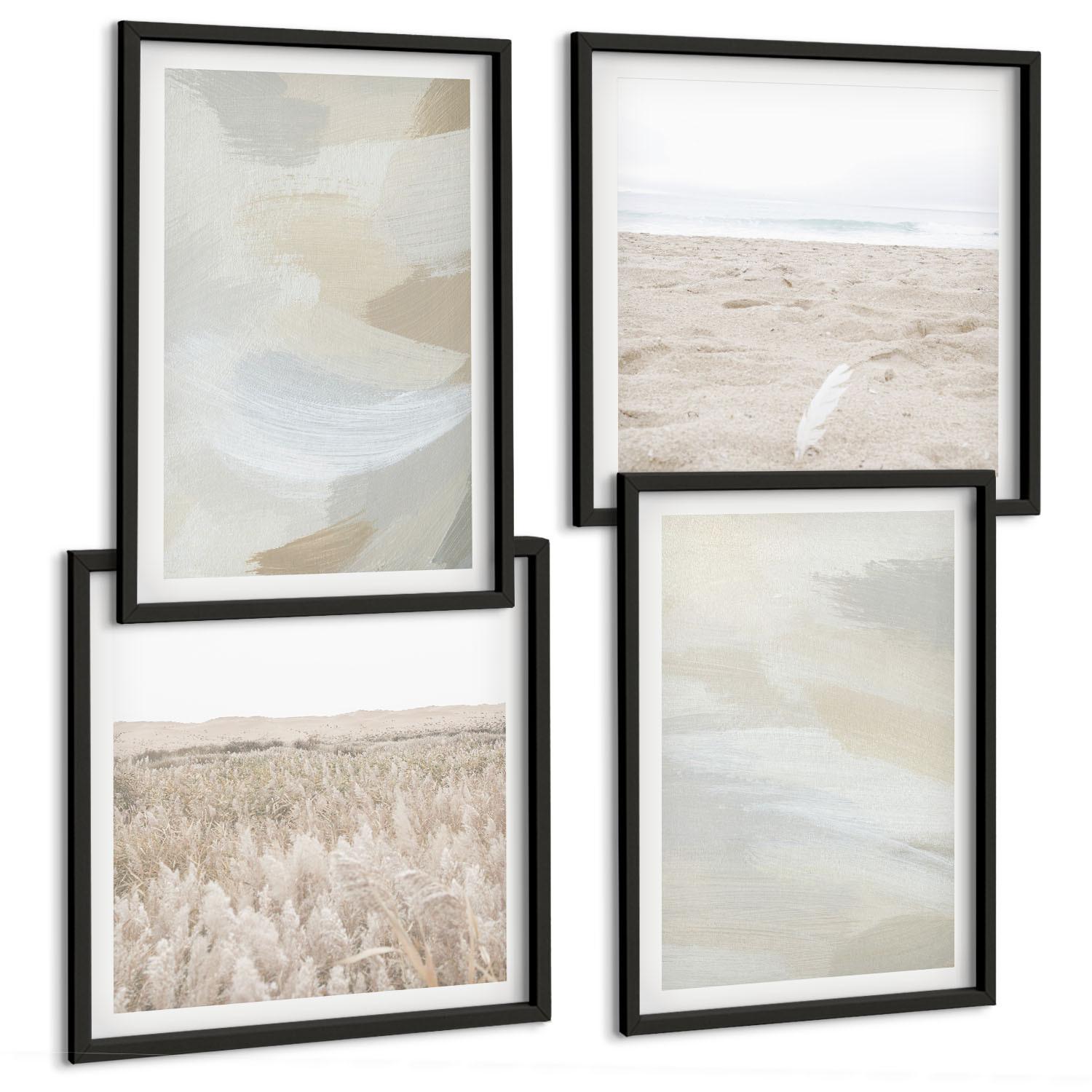 BILDER SET 4er Set - 50x50 cm & 40x60 cm Schwarzer Rahmen - Abstrakter Hintergrund mit feinen Strichen - Schwarz, Kunststoff (50/50cm) - TULUP