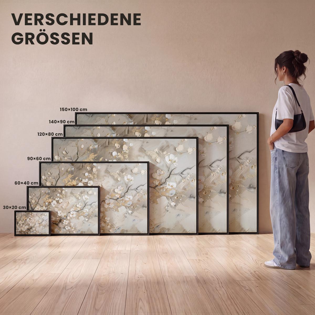 LEINWAND Bilder mit Rahmen - Blumen - Weiß - Gold - Beige - Luxus - 30x20 - Greige, Textil (30/20cm) - MuchoWow