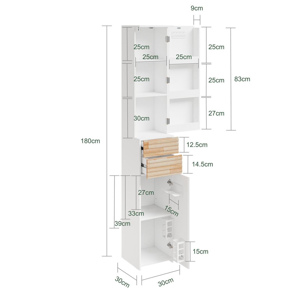 BADEZIMMERSCHRANK mit Schubladen und Tür BZR244-WN - Ahornfarben/Weiß, Kunststoff/Fell (30/180/30cm) - SoBuy
