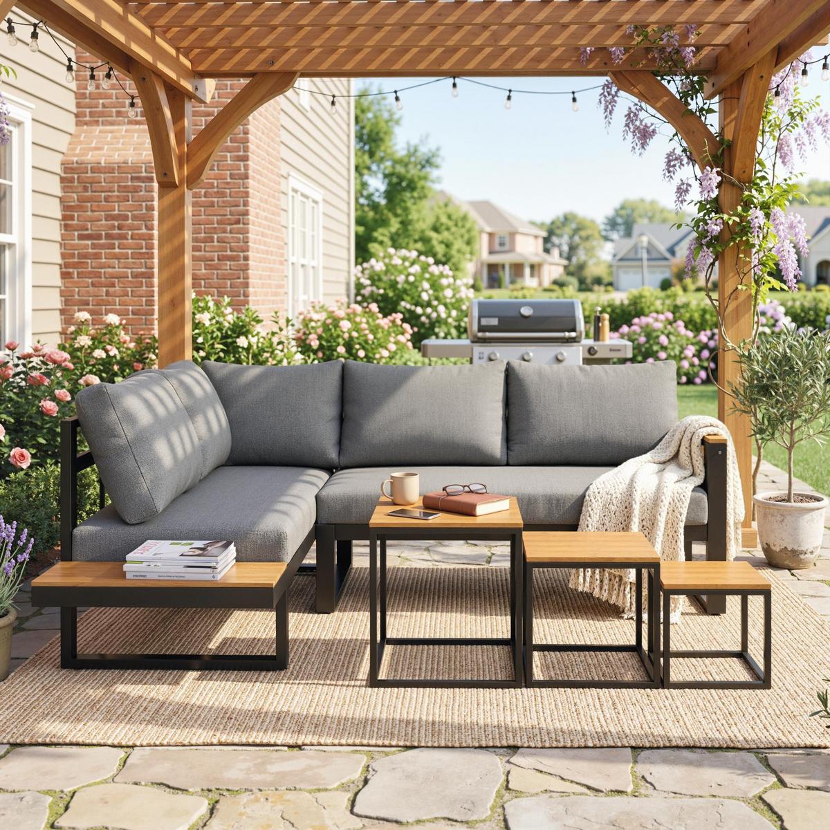 GARTENMÖBEL-SET, mit Ecksofa, Couchtisch, mit Sitzkissen, Aluminium, Kunststoff, Grau - Dunkelgrau, Metall - Outsunny