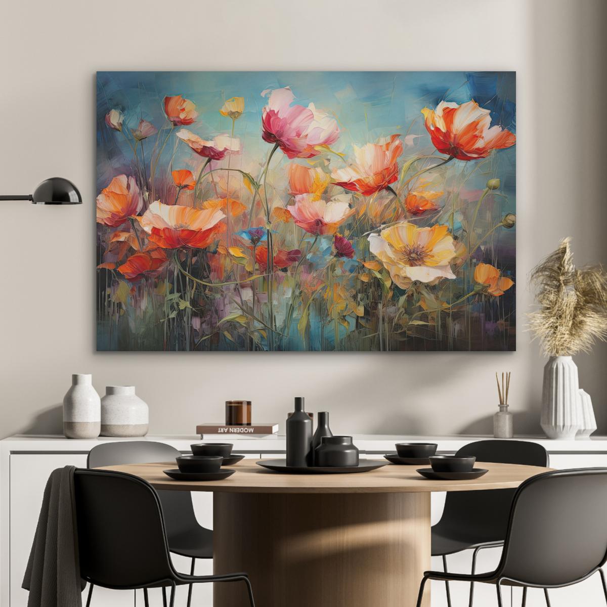 AKUSTIKBILD Blumen - Aquarell - Kunst - Botanisch - Natur Wandbild Wohnzimmer 100x70 cm - Orange, Kunststoff (100/70/0.9cm) - MuchoWow