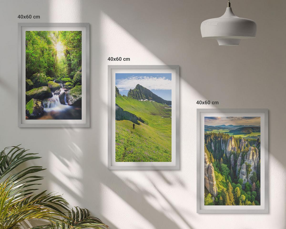 BILDER SET 3er Set - 40x60 cm Silberner Rahmen - Grüne Berge Wasserfallwald - Silberfarben, Kunststoff (40/60cm) - TULUP