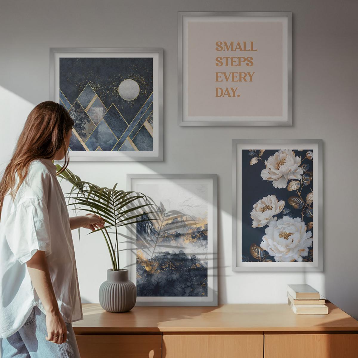BILDER SET 4er Set - 50x50 cm & 40x60 cm Silberner Rahmen - Abstrakte Berge und Blumen Inspiration - Silberfarben, Kunststoff (50/50cm) - TULUP