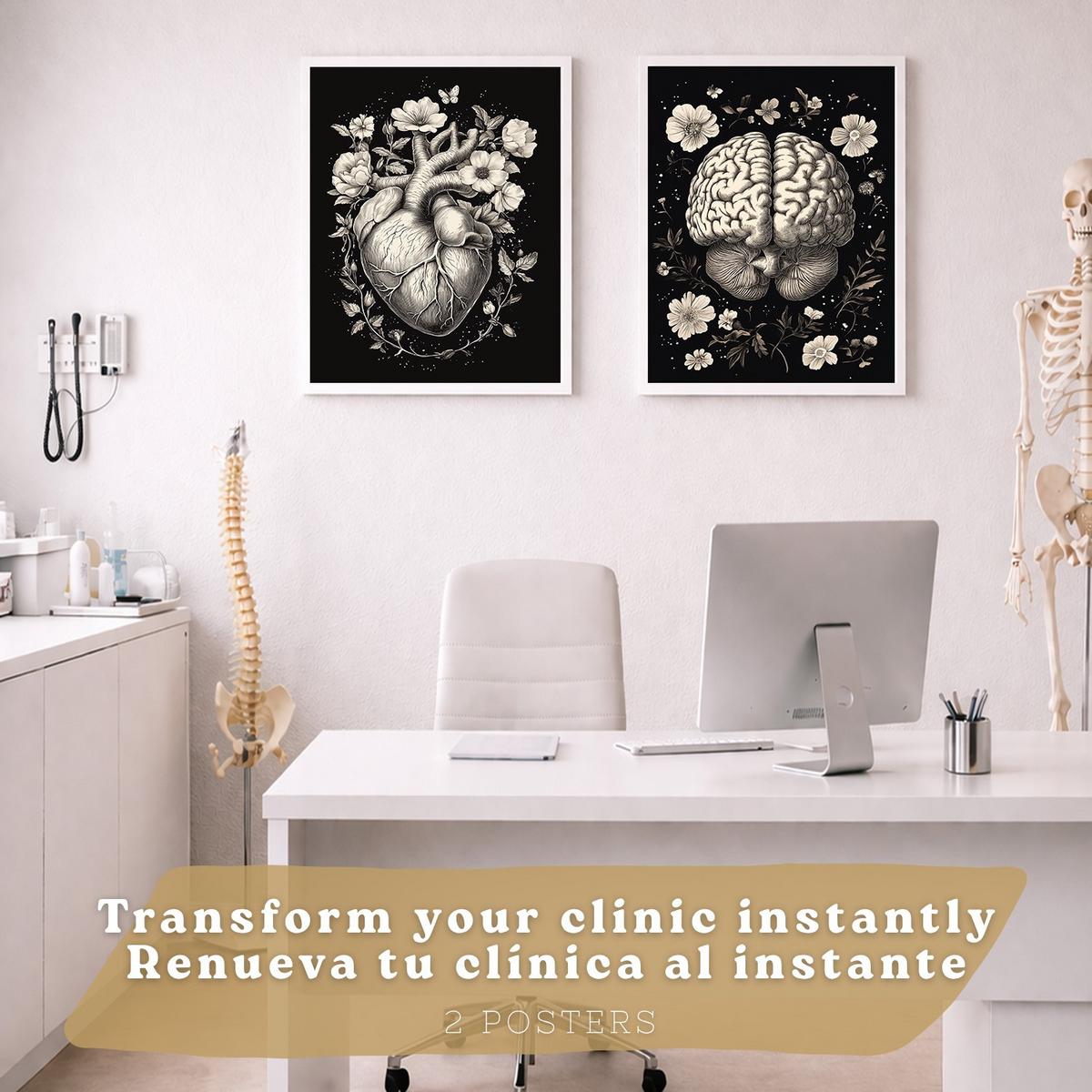 POSTER Set aus 2 Anatomie Mensch Drucke und Wandbilder mit Gehirn und Herz Monochromes Florales Design Schwarzer Hintergrund Größe Weißer Rahmen A4 - Weiß, Papier (21/29.7/3cm) - Nacnic