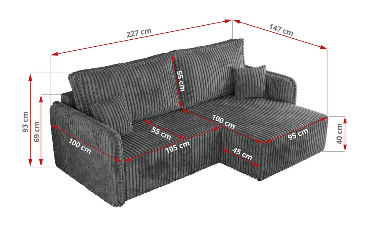 ECKSCHLAFSOFA MESTO L Dunkelgrau Cord - links - Dunkelgrau/Schwarz, Kunststoff/Textil (227/147cm) - MKS