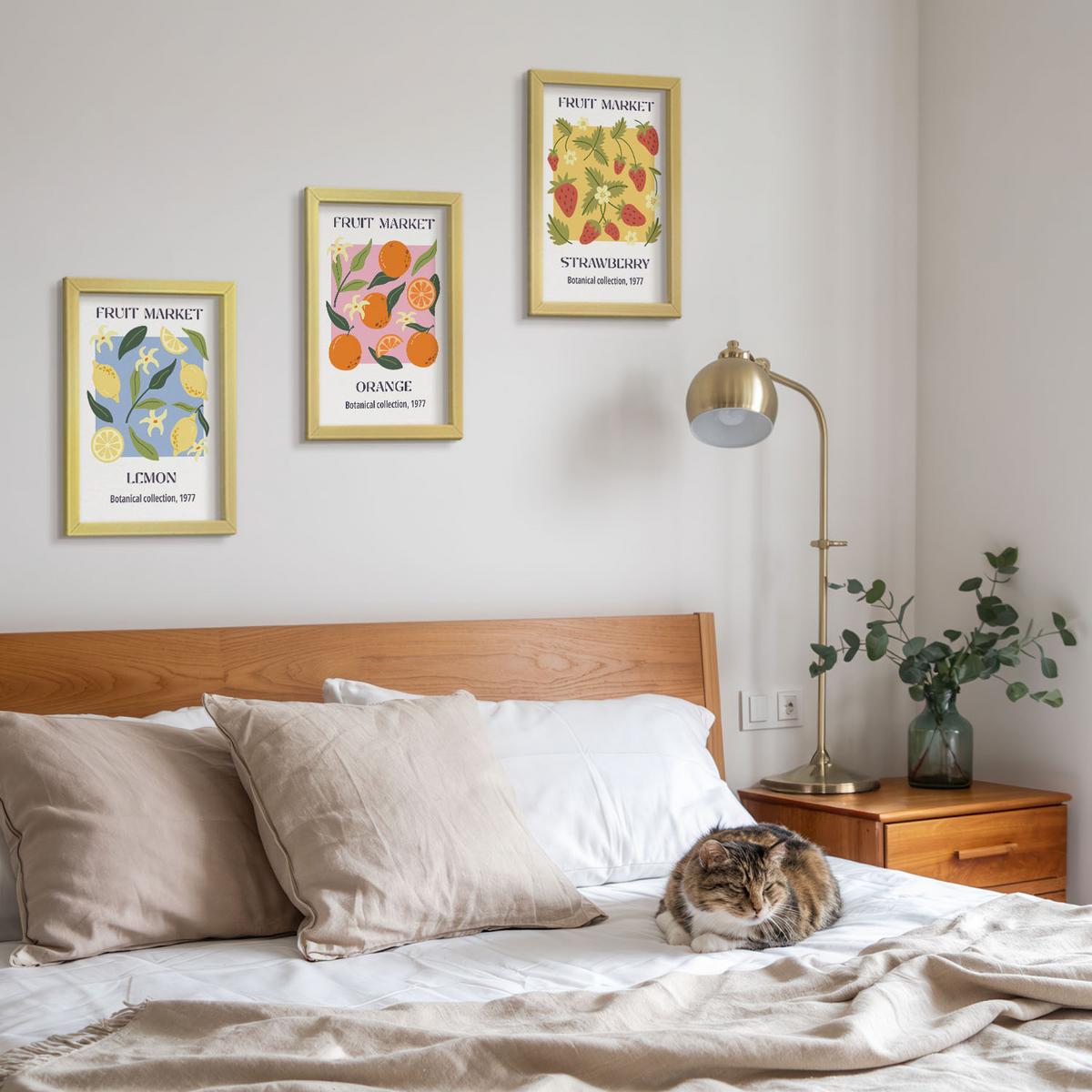 BILDER SET 3er Set - 20x30 cm Goldrahmen - Fruchtposter Zitronen Erdbeeren - Goldfarben, Kunststoff (20/30cm) - TULUP