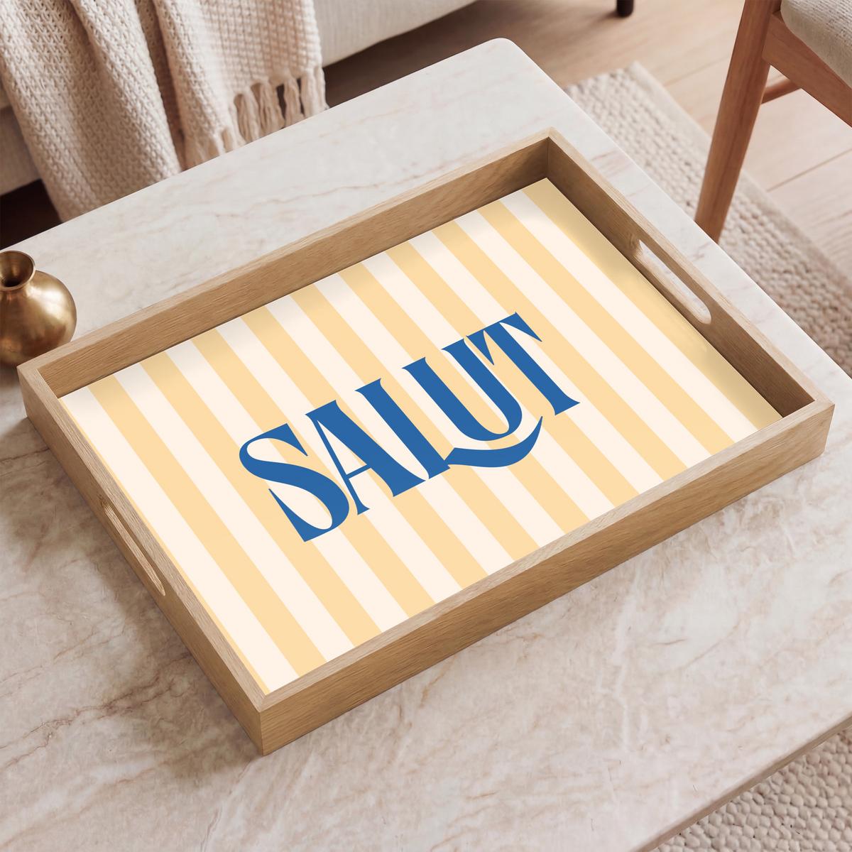 TABLETT Salut - Zitat - Streifen - Gelb - Blau - Weiß 50x35 cm - Beige, Holz (50/5/5cm) - OnlyWow