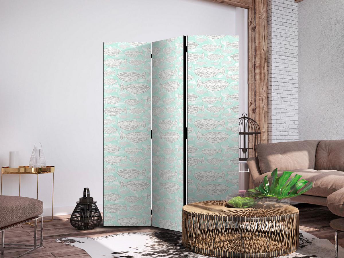PARAVENT Beidseitig Bedruckter 3-tlg 135x172 cm Abstrakte Fische Boho - Grün, Holz/Textil (135/172/3cm) - Muralo