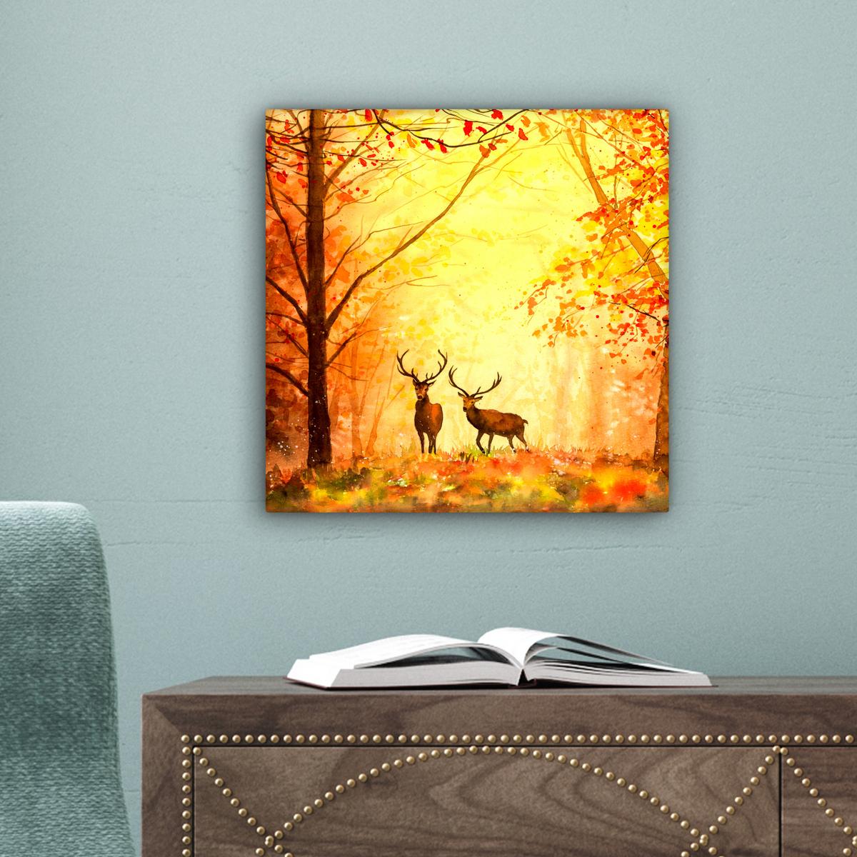 LEINWANDBILD Natur - Ölfarbe - Hirsche - Tiere - Herbst - Orange Deko Wohnzimmer 20x20 cm - Orange, Textil (20/20cm) - MuchoWow