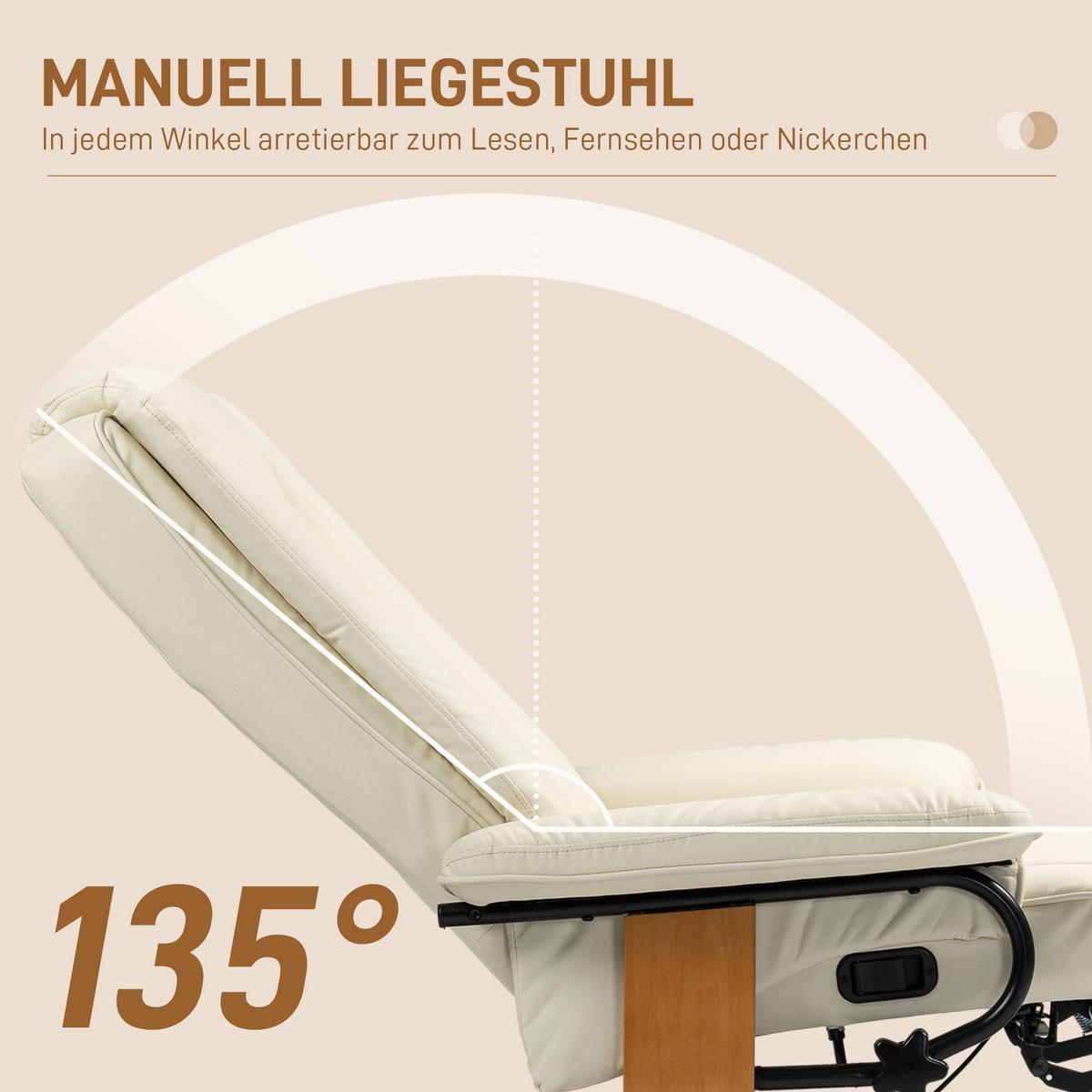 RELAXSESSEL Drehbar Fernsehsessel mit Liegefunktion, Fußstütze, Cremeweiß - Creme, Leder/Holzwerkstoff (88/103/78cm) - HOMCOM