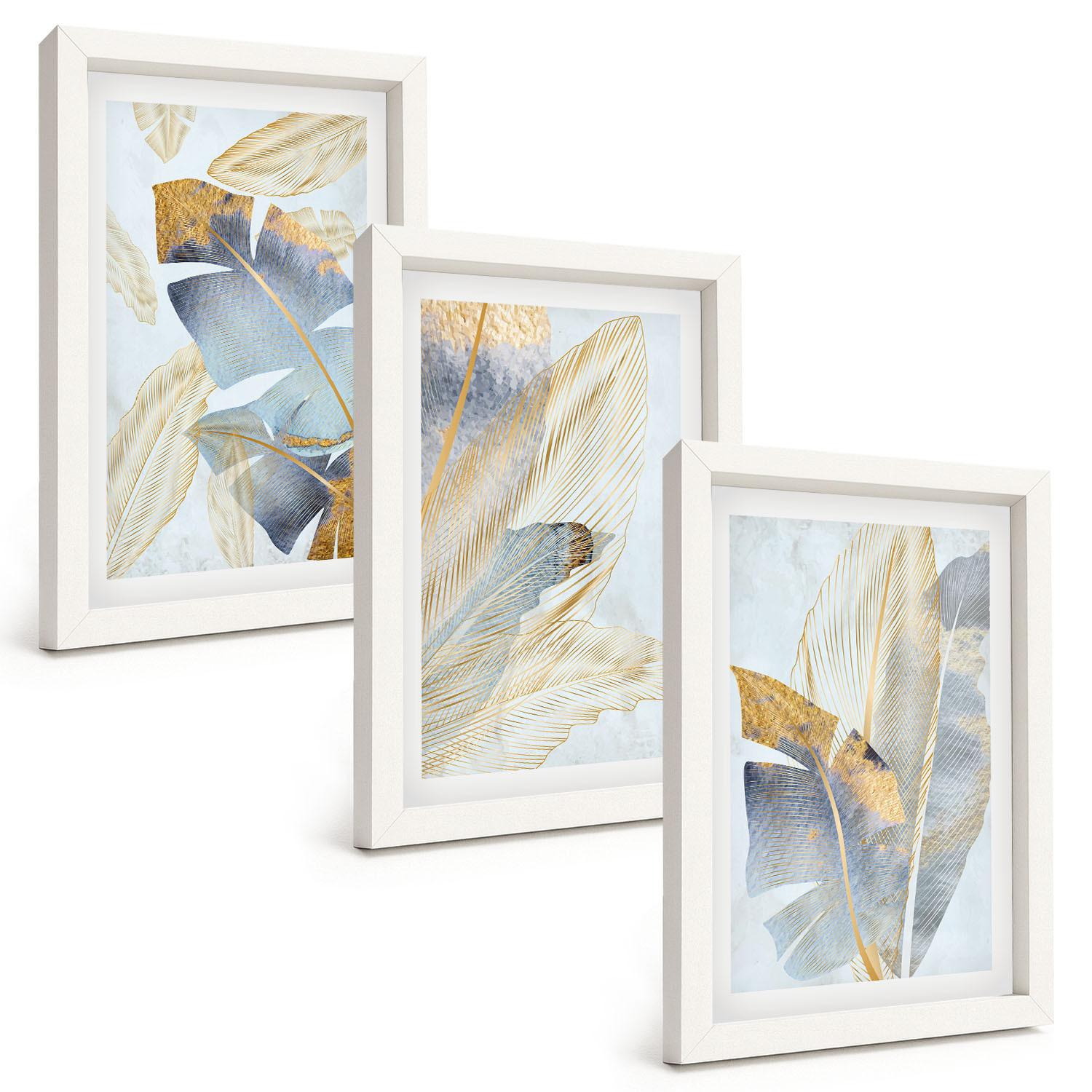 BILDER SET 3er Set - 20x30 cm Weißer Rahmen - Hellblau-beige Blätter - Weiß, Kunststoff (20/30cm) - TULUP