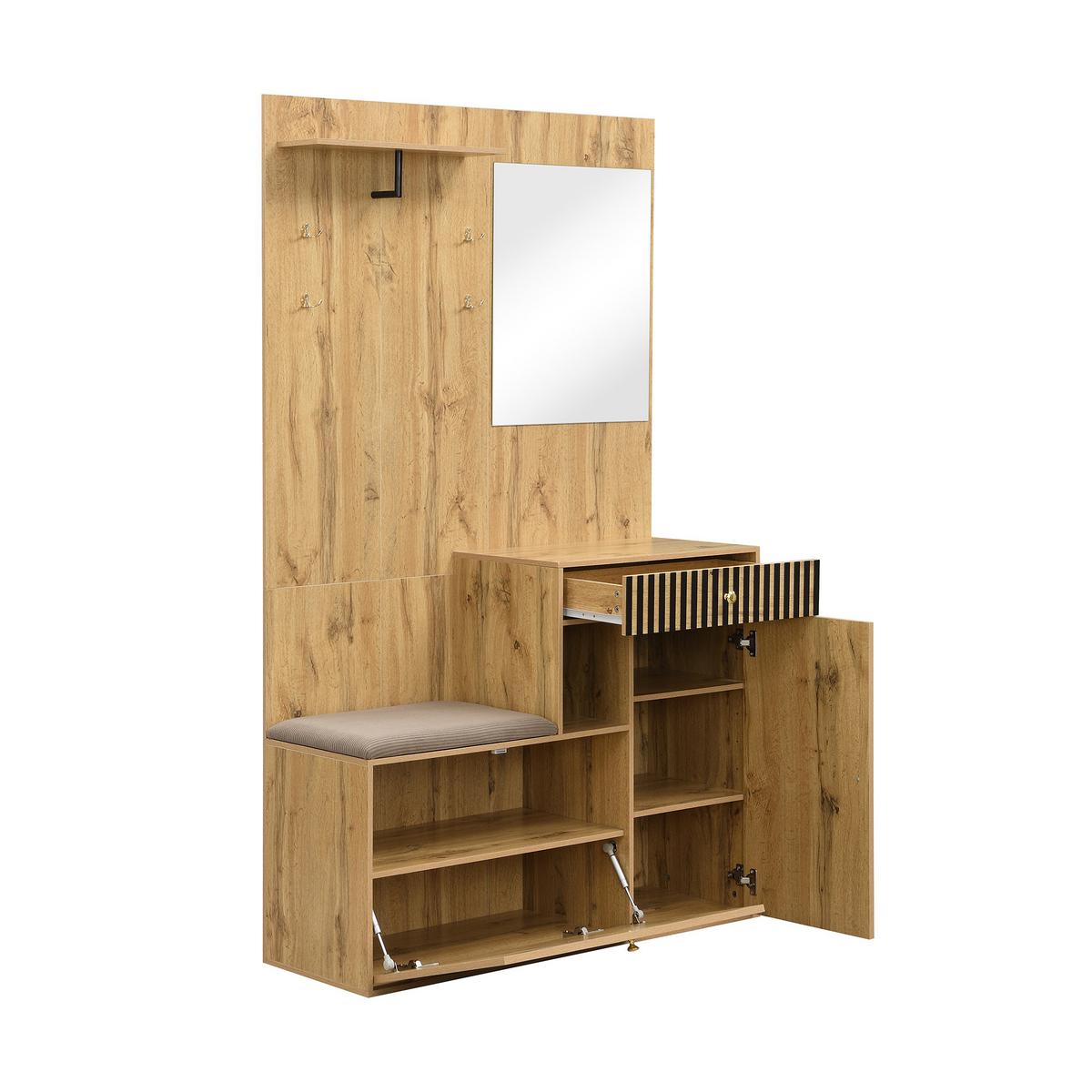 GARDEROBE FÜR FLUR - kombischrank mit Spiegel, Sitzbank und Stauraum - Sonoma Eiche, Glas/Holzwerkstoff (110/186/37cm) - Urban Meuble